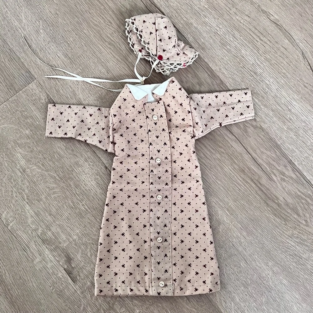 Vintage 2 PCs Set Doll Cotton Clothing Pink Flowers - Dress Coat & Hat
